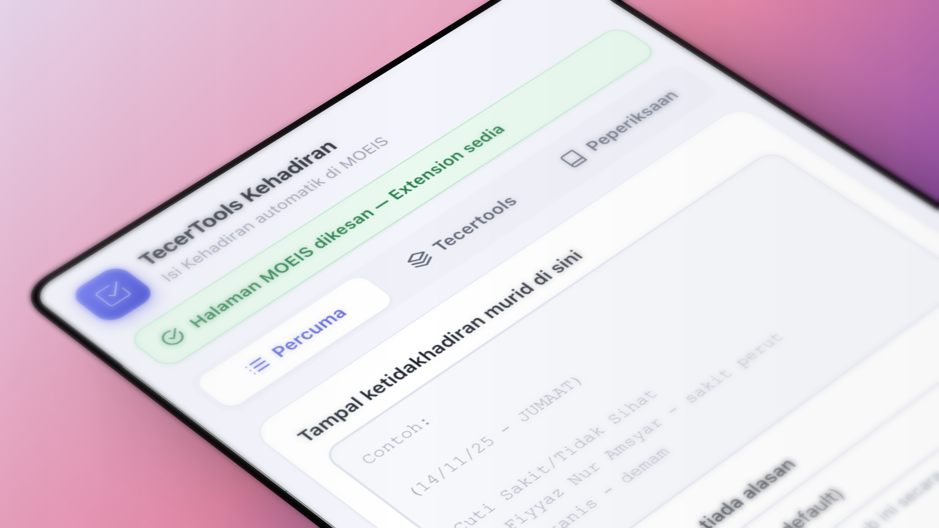 Paparan hero TecerTools Kehadiran pada halaman MOEIS