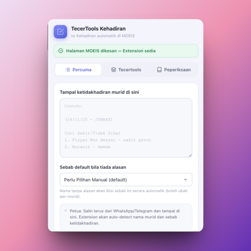 Tab Percuma TecerTools Kehadiran sedia menganalisis senarai ketidakhadiran