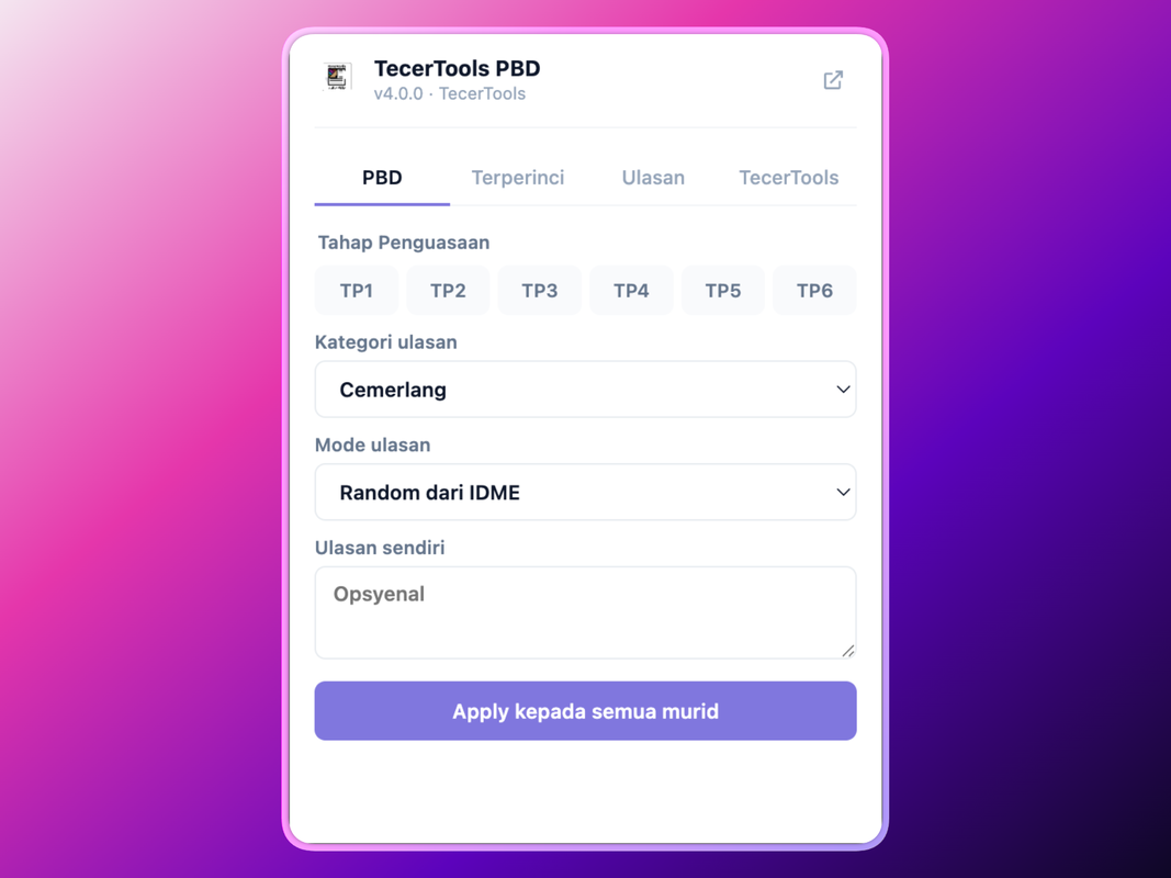 Tab Ringkas TecerTools PBD dengan pilihan Tahap Penguasaan untuk seluruh kelas